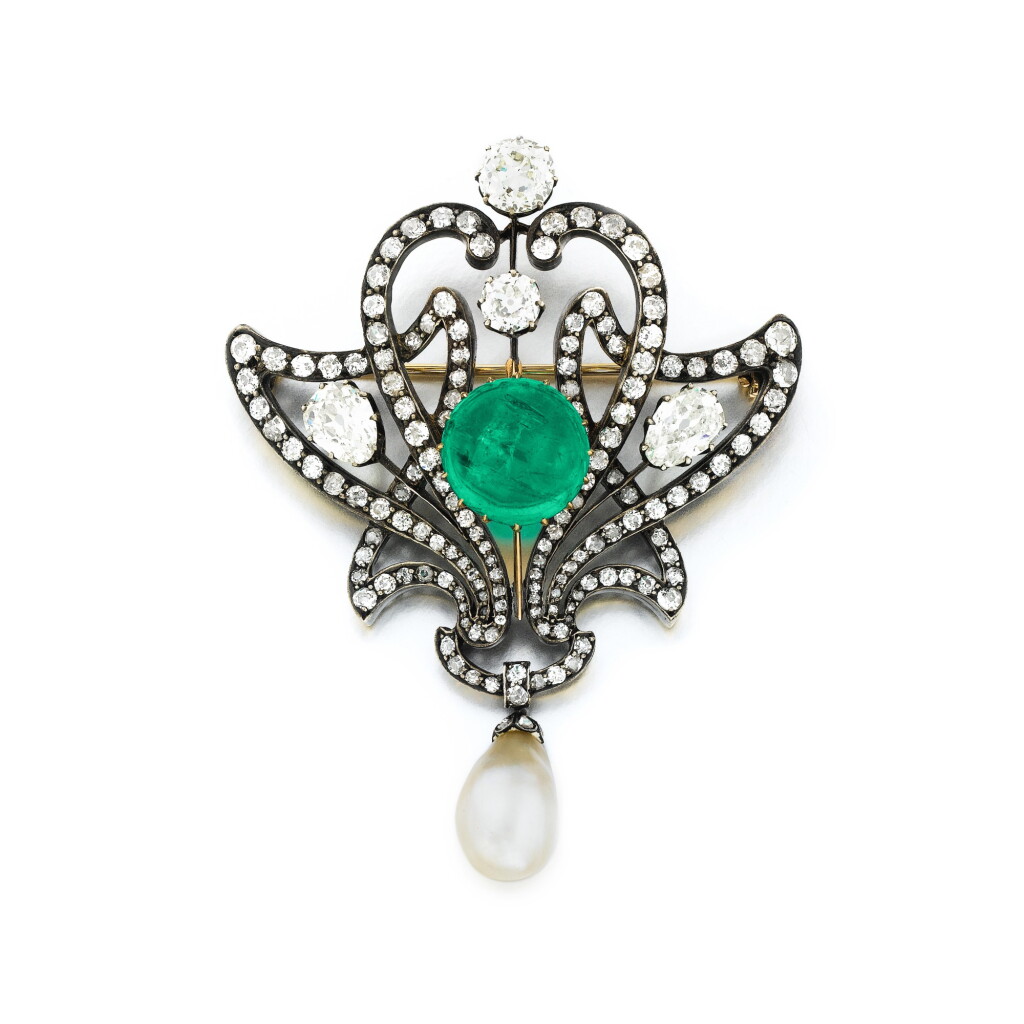 View full screen - View 1 of Lot 1073. An emerald, natural pearl and diamond brooch, late 19th century.