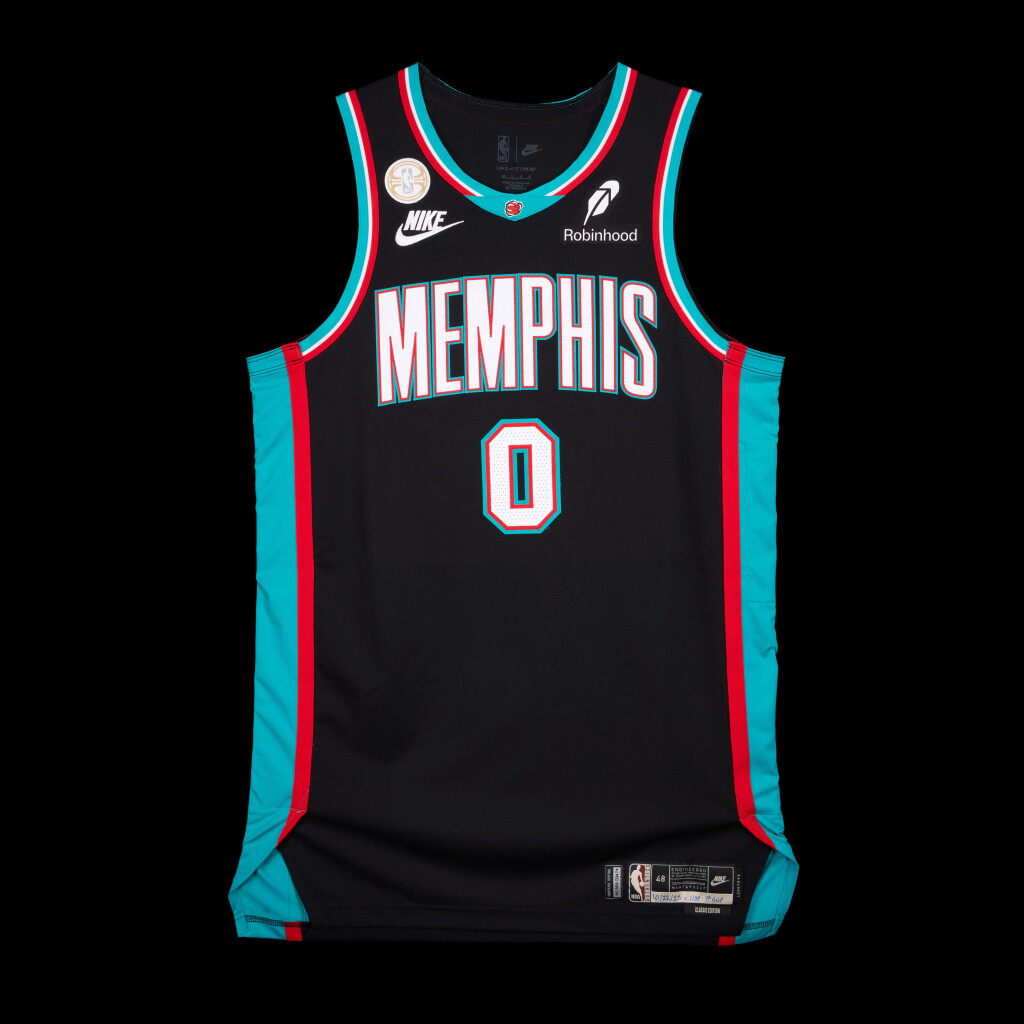 View full screen - View 1 of Lot 45. Jaylen Wells Memphis Grizzlies 2025-2026 NBA Tip-Off Game Worn Classic Edition Jersey | Special Edition 'All-Rookie First Team' Trophy Patch.