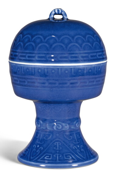 View full screen - View 1 of Lot 165. A BLUE-GLAZED RITUAL VESSEL AND COVER, DOU DAOGUANG SEAL MARKS AND PERIOD | 清道光 藍釉仿古紋豆 《大清道光年製》款.