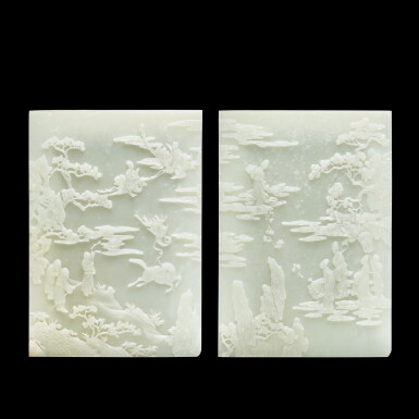 View full screen - View 1 of Lot 3617. A rare large pair of white jade 'immortals' screens Qing dynasty | 清 白玉天女散花硯屏一對.