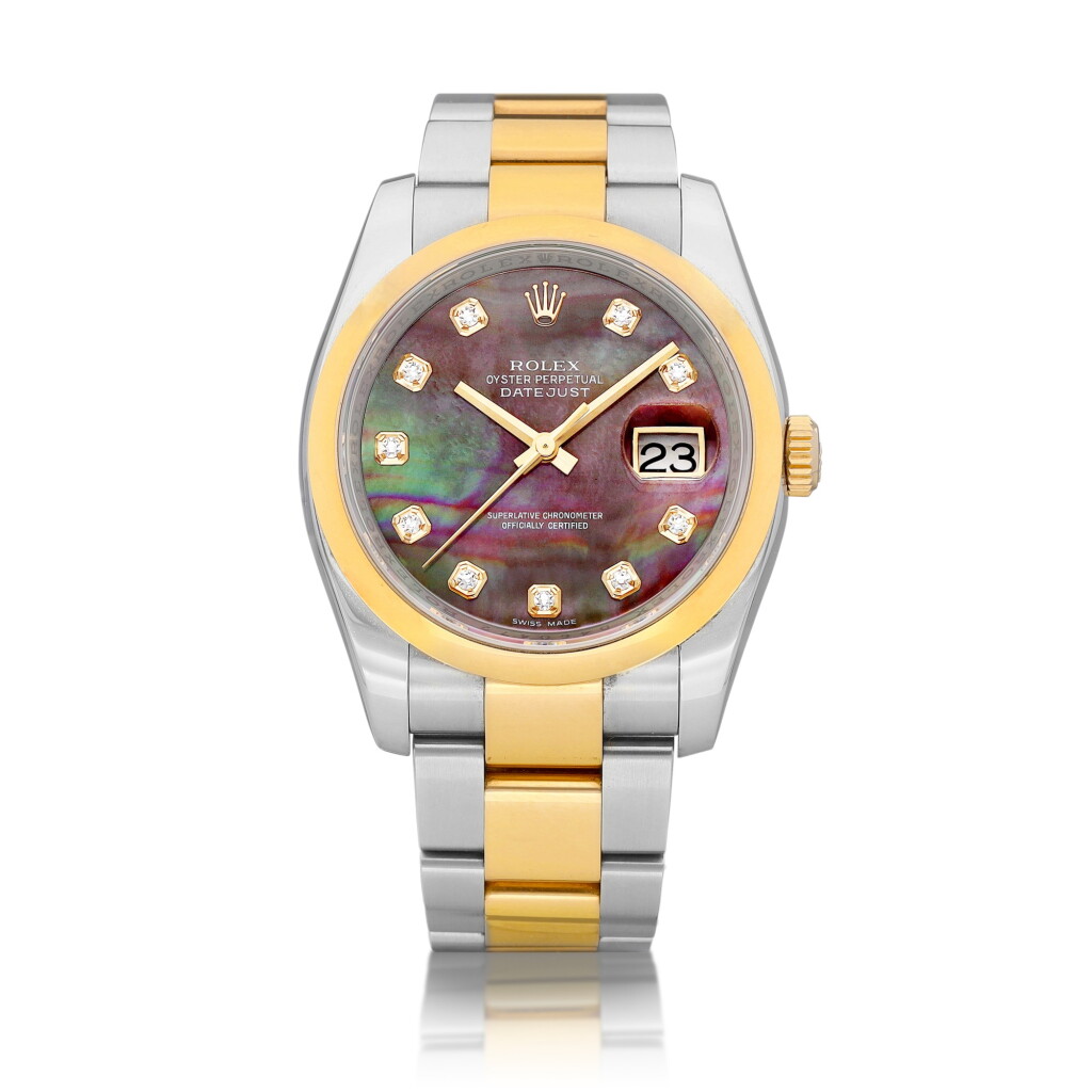 View full screen - View 1 of Lot 8089. DateJust, Reference 116201 | A yellow gold, stainless steel and diamond-set wristwatch with mother-of-pearl dial, date and bracelet, Circa 2005 | 勞力士 | DateJust 型號116201 | 黃金及精鋼鑲鑽石鏈帶腕錶,備日期顯示及珠母貝錶盤,約2005年製.
