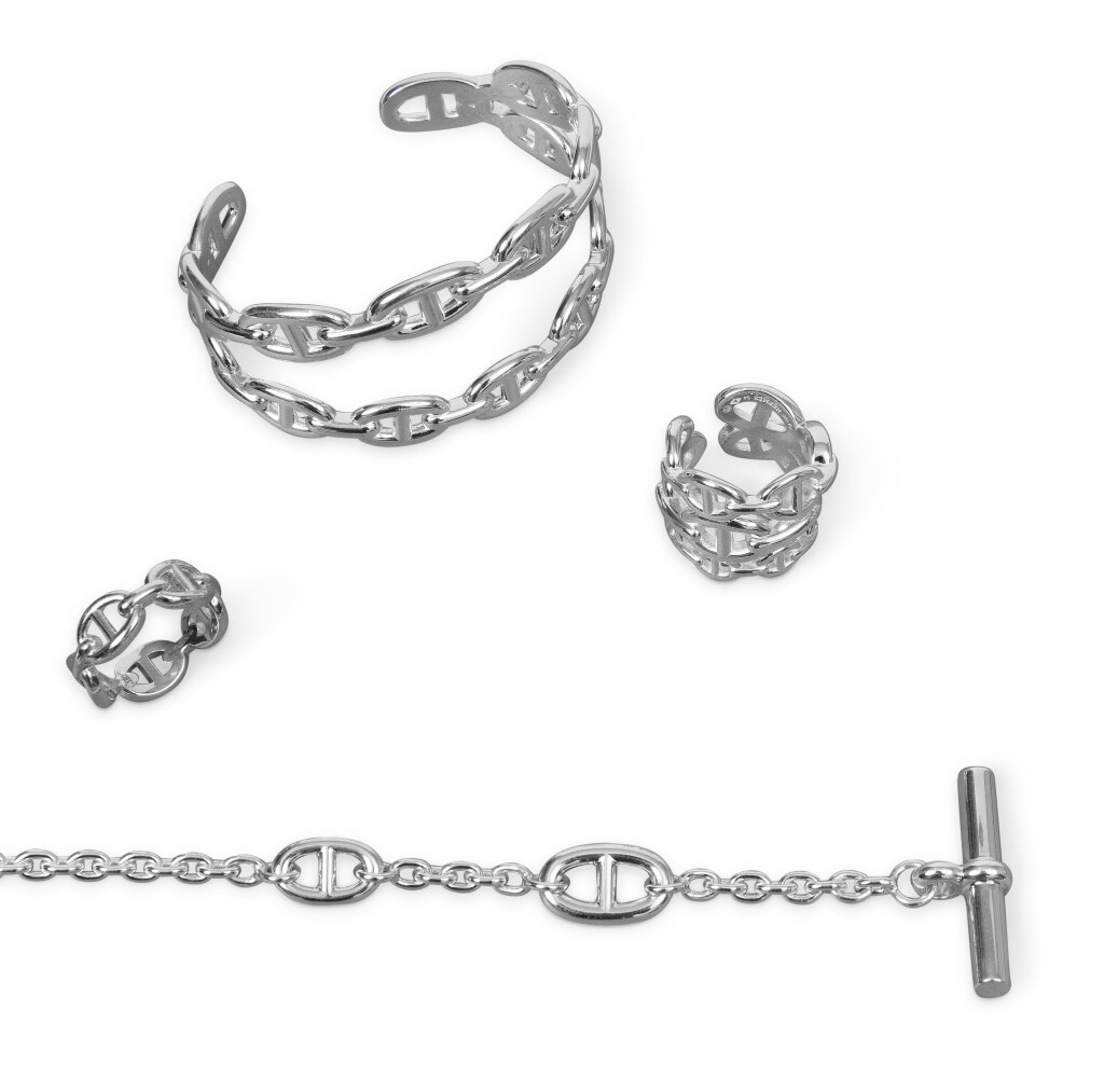 View full screen - View 1 of Lot 770. Set of Four: Sterling Silver Farandole Necklace 80cm, Silver Chaîne d'Ancre Enchaînée Double Rang Ring, Silver Chaîne d’Ancre Enchainée Ring and Silver Double Chaine d’Ancre Bracelet .