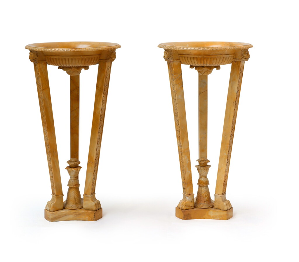 View full screen - View 1 of Lot 116. A PAIR OR SIENNA MARBLE ATHÉNIENNES, ITALY, LAST THIRD OF THE 18TH CENTURY | PAIRE D'ATHÉNIENNES TRIPODES AUX MUFLES DE LION EN MARBRE JAUNE DE SIENNE, ITALIE, DERNIER TIERS DU XVIIIE SIÈCLE.