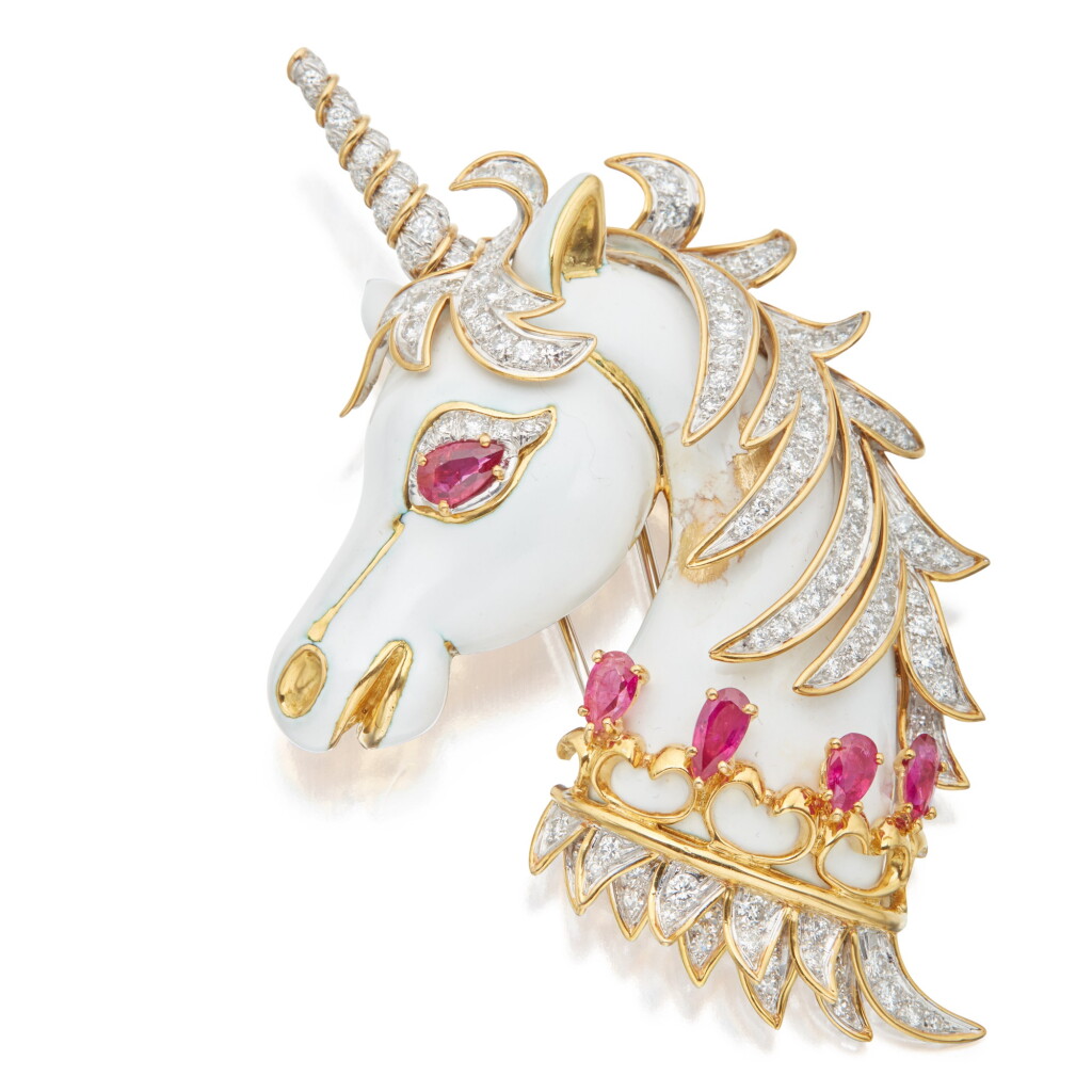 View full screen - View 1 of Lot 7. David Webb | Ruby, Diamond and Enamel Clip-Brooch .