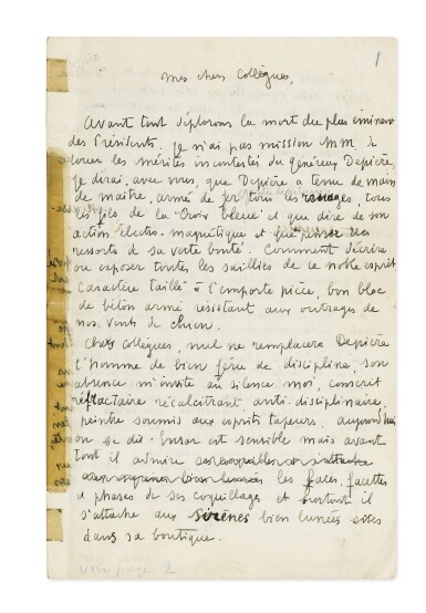 View full screen - View 1 of Lot 46. ENSOR, James. Sur la protection de l'animal et la "Croix bleue". 1933. Discours manuscrit inédit. 3 p..