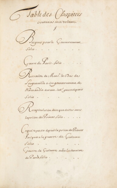 View full screen - View 1 of Lot 43. Histoire du temps. vers 1660. In-folio, maroquin rouge. 460 p. manuscrites. Copie ms des Mémoires.