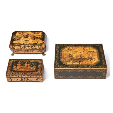 View full screen - View 1 of Lot 54. A GROUP OF THREE PENWORK AND POLYCHROME CHINOISERIE DECORATED BOXES, EARLY 19TH CENTURY.
