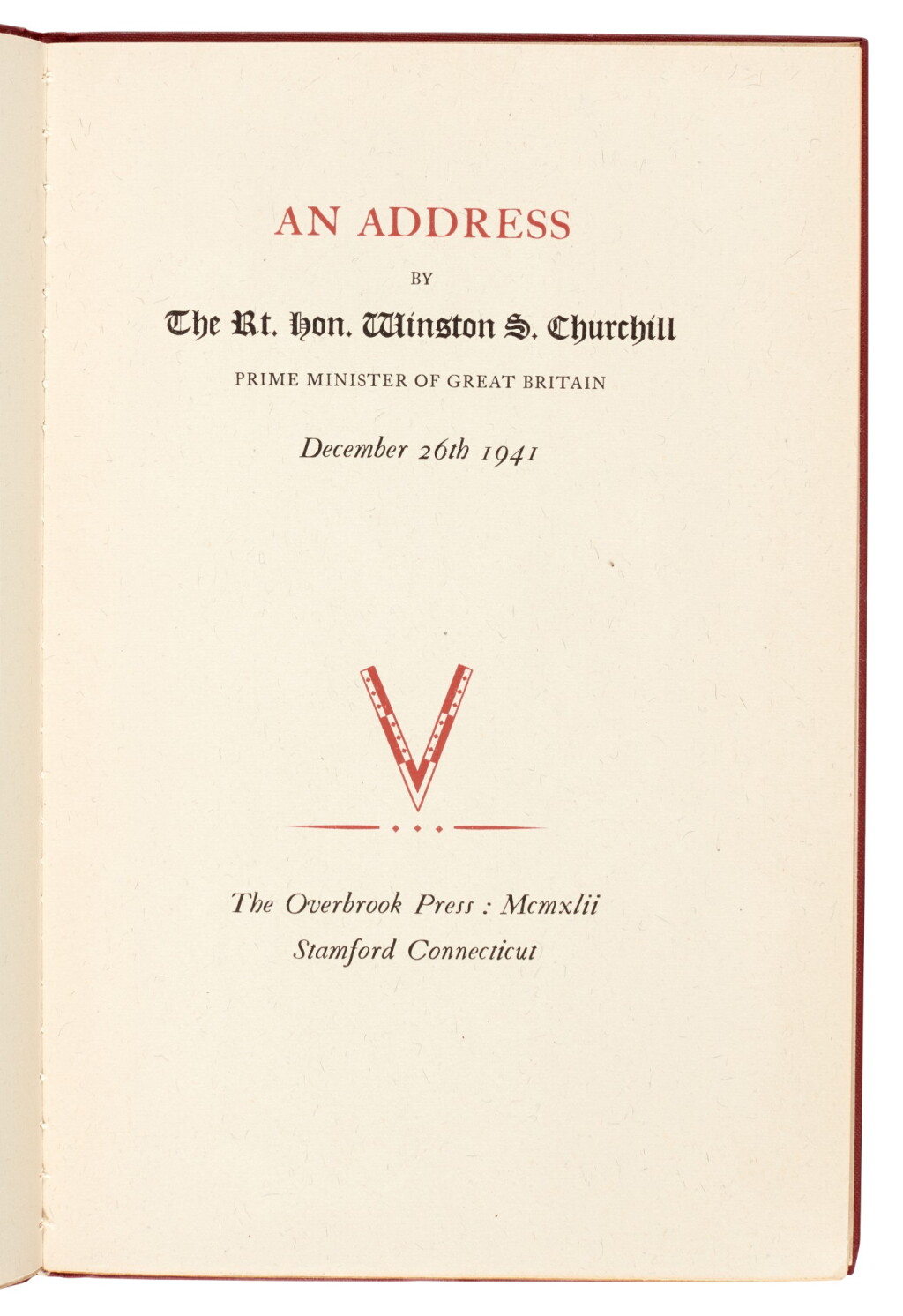 View full screen - View 1 of Lot 38. Winston Churchill | An Address ... December 26th 1941, one of 1000 copies, 1942.