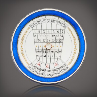 View full screen - View 1 of Lot 57. A circular enamel, ivorine and silver desk calendar, Circa 1908 | 卡地亞 圓形琺瑯、仿象牙及銀桌曆,製作年份約 1908.