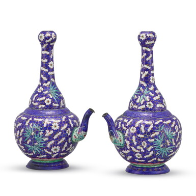 View full screen - View 1 of Lot 522. A PAIR OF RARE BLUE-GROUND CANTON ENAMEL MAKARA-HEAD EWERS QING DYNASTY, 18TH - 19TH CENTURY | 清十八至十九世紀 廣東藍地銅胎畫琺瑯梅竹雙清長頸壺一對.