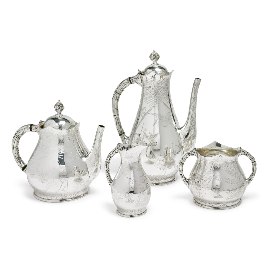 View full screen - View 1 of Lot 262. A FOUR-PIECE VICTORIAN JAPANESQUE SILVER TEA AND COFFEE SET, ELKINGTON & CO., LONDON, 1879.