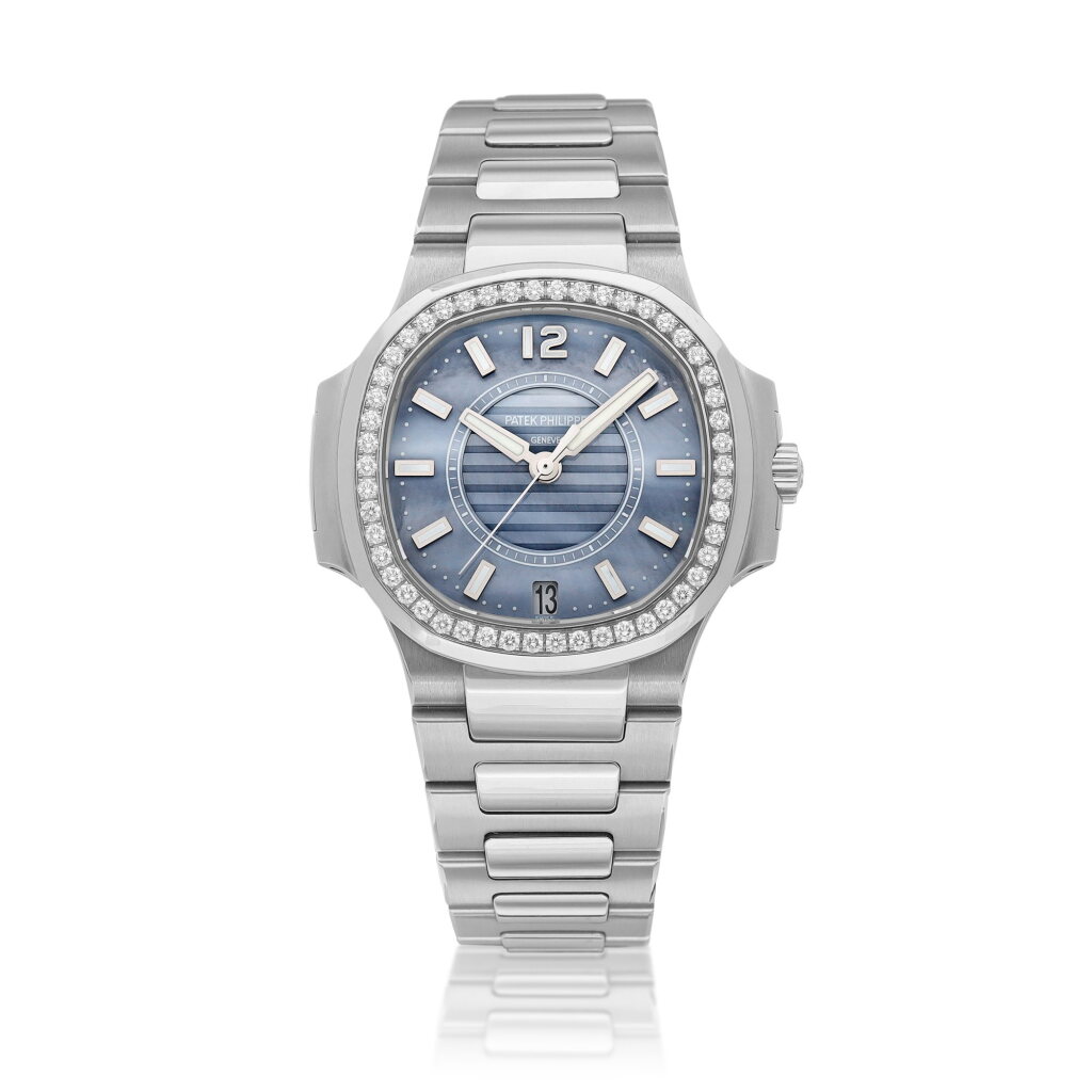 View full screen - View 1 of Lot 2231. Nautilus, Reference 7008 | A stainless steel and diamond-set bracelet watch with date and mother-of-pearl dial, Circa 2013 | 百達翡麗 | Nautilus 型號7008 | 精鋼鑲鑽石鏈帶腕錶,備日期及珠母貝錶盤,約2013年製.