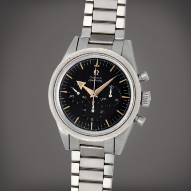 View full screen - View 1 of Lot 44. Speedmaster 'Broad Arrow', Reference 2915-2 | A stainless steel chronograph wristwatch with bracelet | Circa 1958.