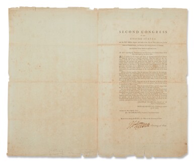 View full screen - View 1 of Lot 1023. Jefferson, Thomas | A rare signed Congressional Act respecting the recently organized Northwest Territory, 1792.