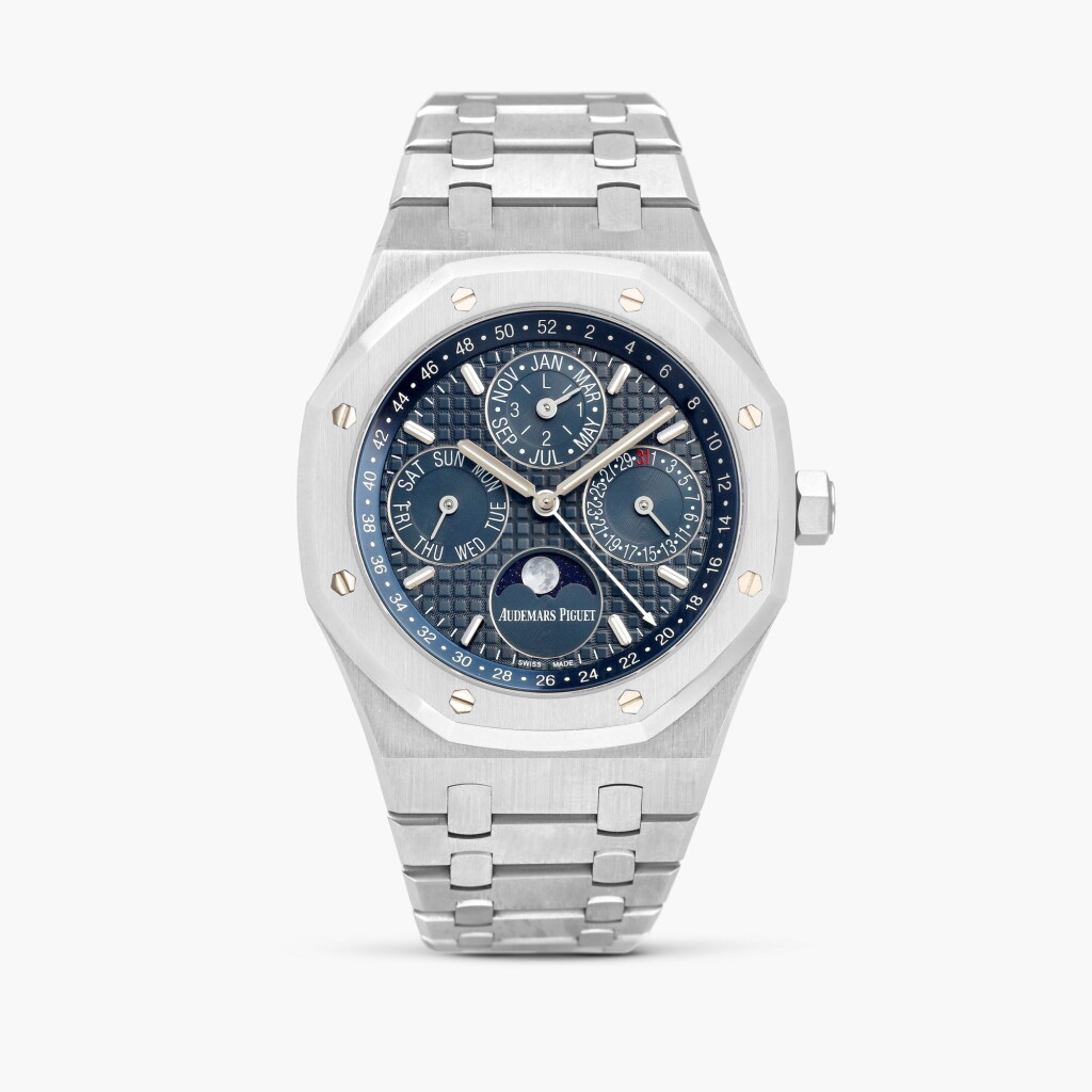 View full screen - View 1 of Lot 2211. Royal Oak Quantieme Perpetuel, Reference 26574ST.OO.1220ST.02 | A stainless steel perpetual calendar bracelet watch with moon phases, 52 weeks and leap year indication, Circa 2016.