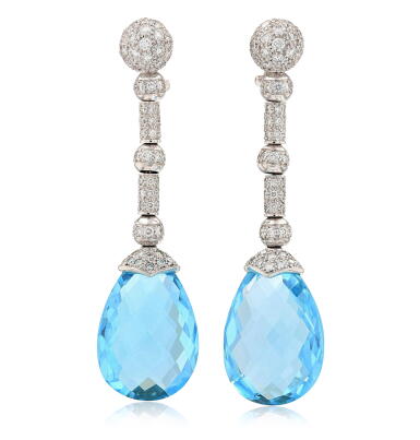 View full screen - View 1 of Lot 254. Pair of topaz and diamond earrings.