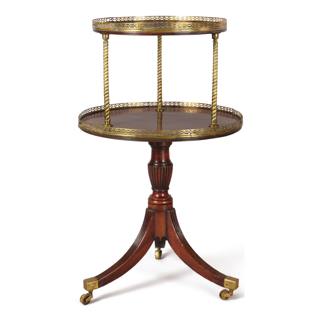 View full screen - View 1 of Lot 906. A LATE GEORGE III MAHOGANY AND BRASS-MOUNTED TWO-TIER DUMBWAITER IN THE MANNER OF GILLOWS, LATE 19th CENTURY.