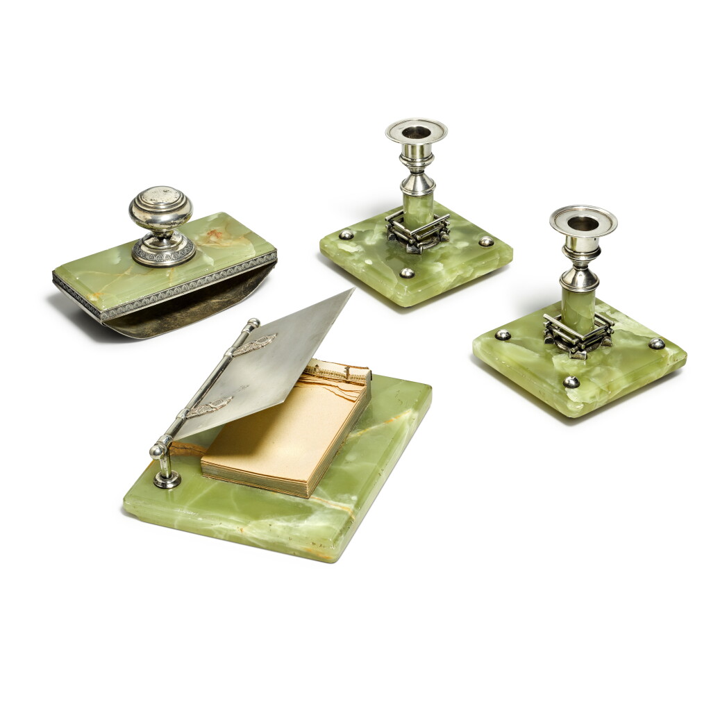 View full screen - View 1 of Lot 157. A silver-mounted onyx desk set, maker's mark A.T., St Petersburg, 1899-1908.