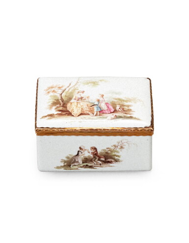 View full screen - View 1 of Lot 10. A gold-mounted enamel box, Germany, circa 1755 | Boîte en émail montée en or, Allemagne, vers 1755.