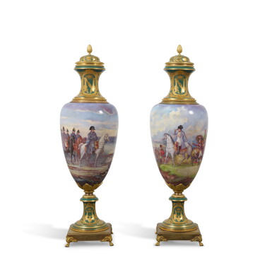 View full screen - View 1 of Lot 609. A Pair of Gilt-Bronze-Mounted Monumental Sèvres-Style Napoleon Subject Green-Ground Vases and Covers, Late 19th Century .