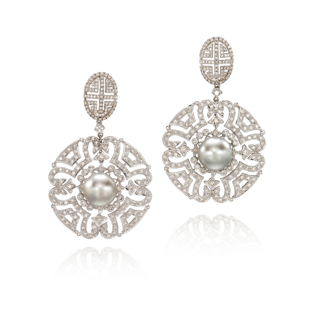 View full screen - View 1 of Lot 592. Pair of Cultured Pearl and Diamond Pendent Earrings | 養殖珍珠 配 鑽石 耳墜一對.