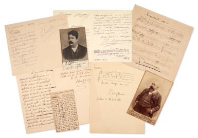 View full screen - View 1 of Lot 140. Ruggero Leoncavallo | Collection of letters and photographs signed by Leoncavallo and others, 1882-1936.