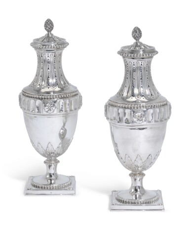 View full screen - View 1 of Lot 153. A LARGE PAIR OF DUTCH SILVER CASTERS, JAN HENDRIK MIDDELHUYSEN, AMSTERDAM, 1795.