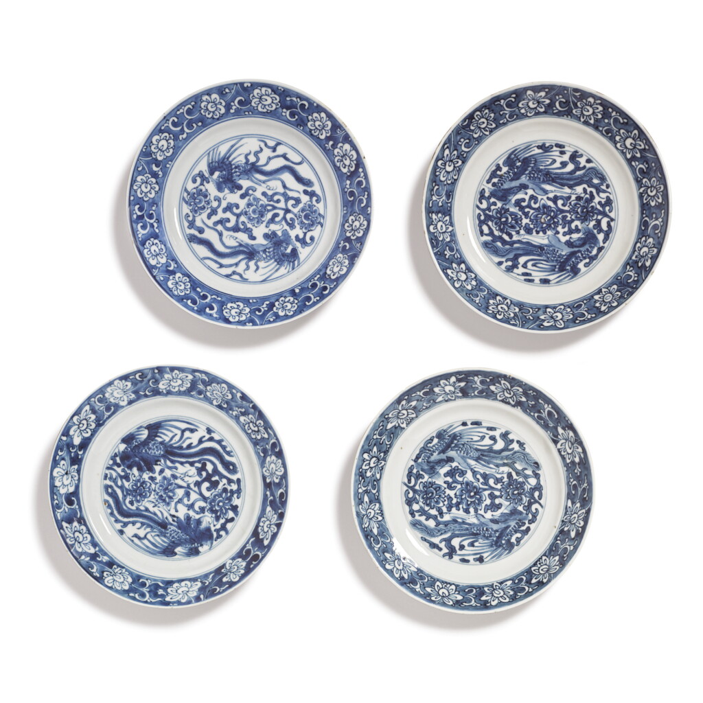 View full screen - View 1 of Lot 1008. FOUR BLUE AND WHITE 'PHOENIX' DISHES, QING DYNASTY, KANGXI PERIOD.