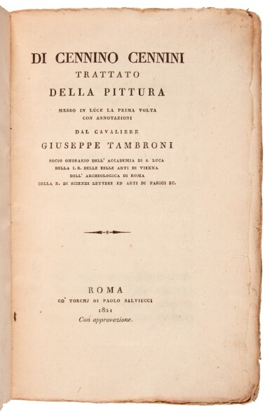 View full screen - View 1 of Lot 69. Cennini, Trattato della pittura, Rome, 1821, publisher's printed wrappers, uncut.