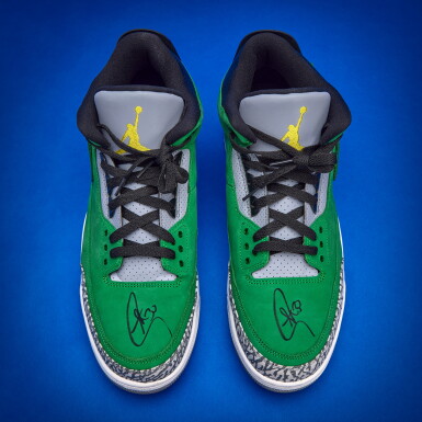 View full screen - View 1 of Lot 4. Stephen Curry 2025-2026 Tunnel Worn Dual-Signed Nike Air Jordan 3 Retro Tinker 'Oregon Ducks' PE.