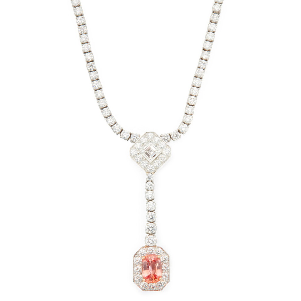 View full screen - View 1 of Lot 102. Padparadscha Sapphire and Diamond Necklace.