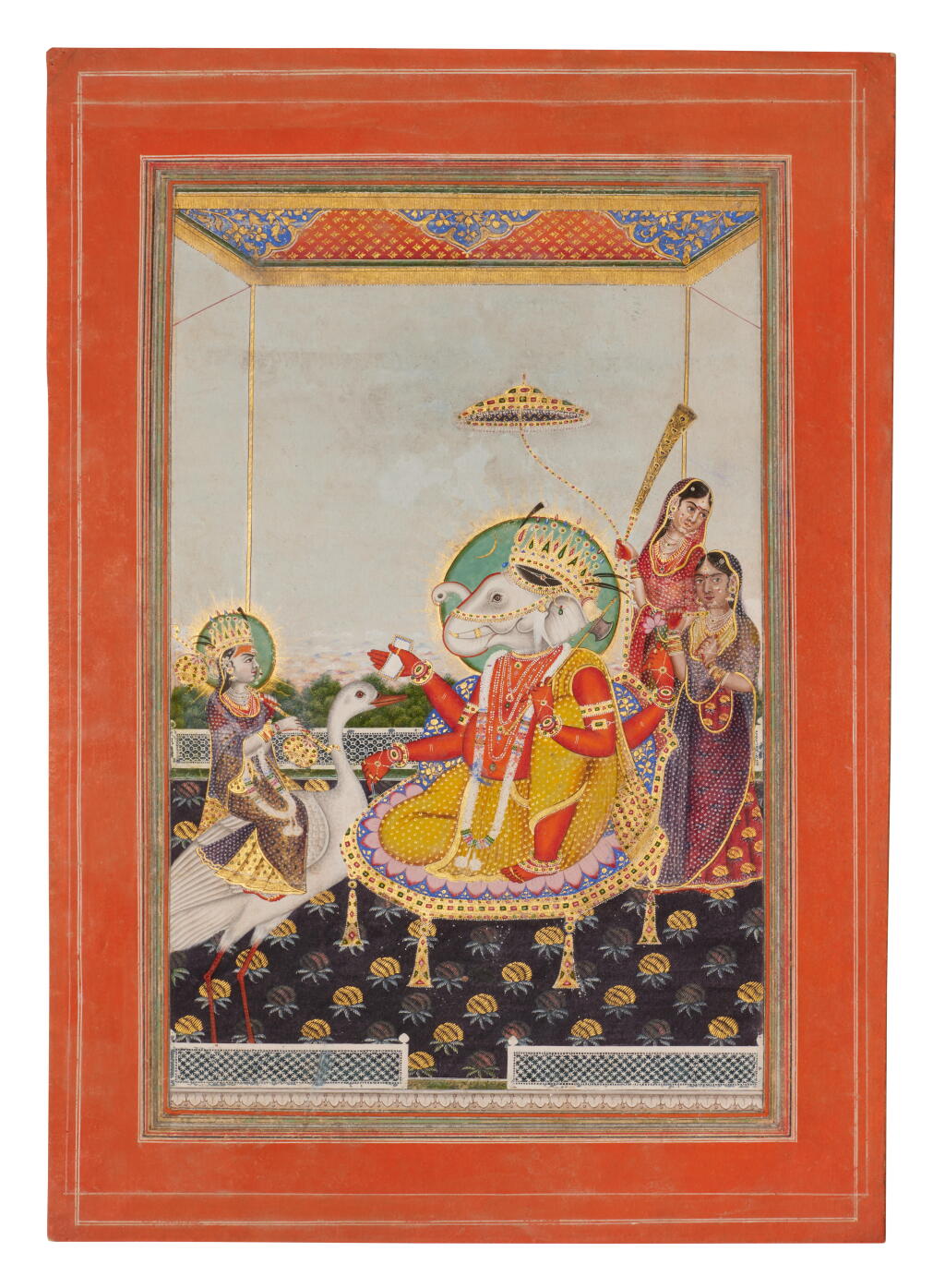 View full screen - View 1 of Lot 599. An enthroned Ganesha facing Saraswati seated on a white hamsa, India, Patna or Murshidabad, 19th century.