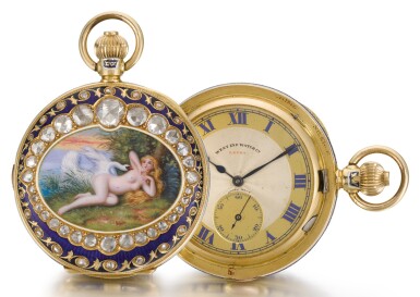 View full screen - View 1 of Lot 228. WEST END WATCH CO. | A GOLD, ENAMEL AND DIAMOND-SET HALF-HUNTING CASED MINUTE REPEATING CLOCK WATCH MADE FOR THE INDIAN MARKET | CIRCA 1910.