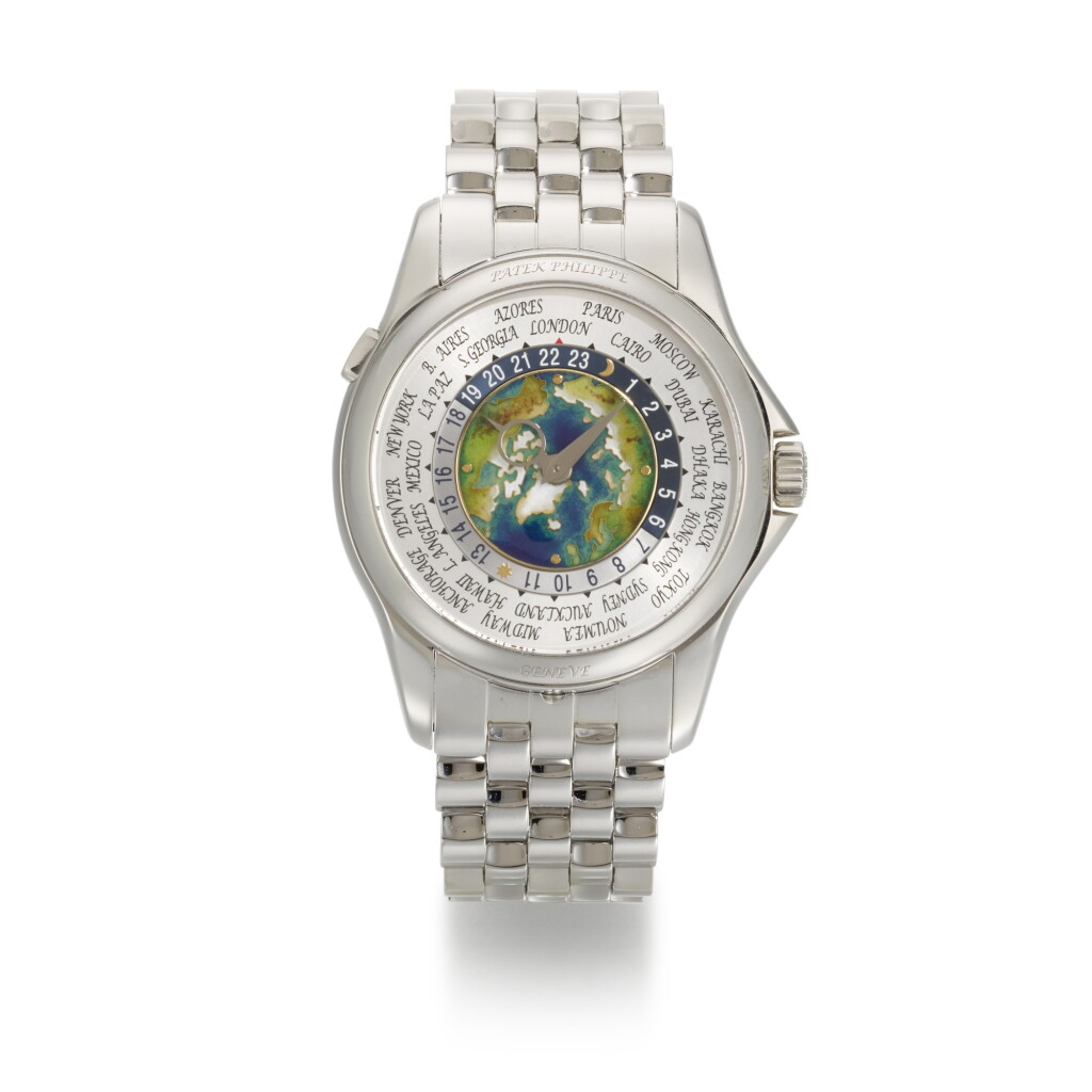 View full screen - View 1 of Lot 361. PATEK PHILIPPE | WORLD TIME, REF 5131/1P, PLATINUM WORLD TIME WRISTWATCH WITH CLOISONNE ENAMEL DIAL AND BRACELET, CIRCA 2018.