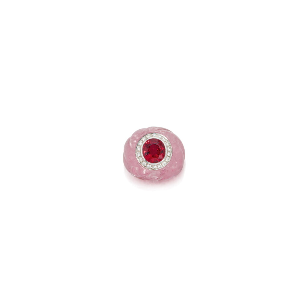 View full screen - View 1 of Lot 35. RED SPINEL, PINK TOURMALINE AND DIAMOND RING.