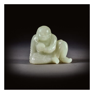 View full screen - View 1 of Lot 208. A PALE CELADON JADE FIGURE OF A SEATED LUOHAN, QING DYNASTY, 18TH CENTURY.