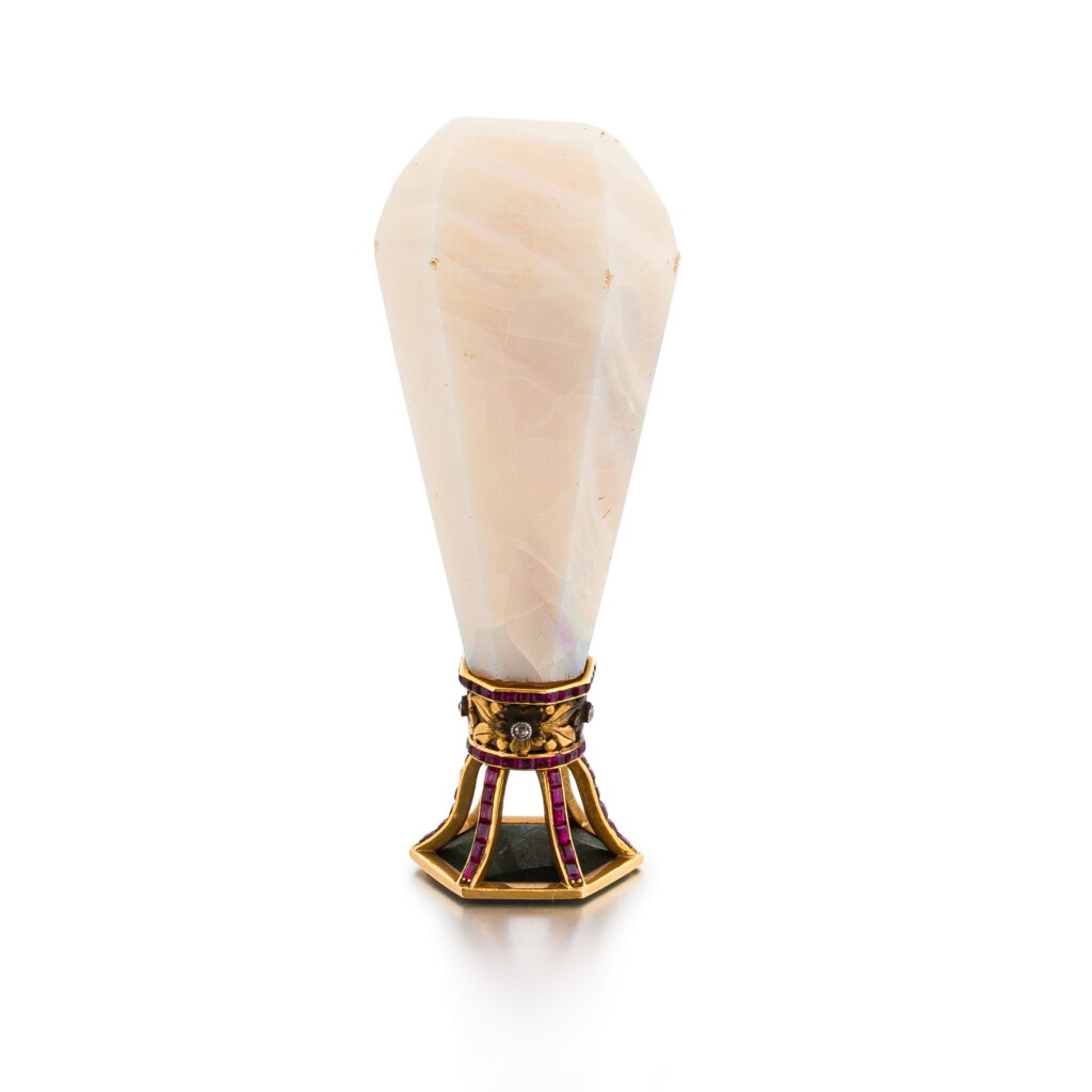 View full screen - View 1 of Lot 1138. A jewelled gold-mounted opal and nephrite hand seal, in the style of Boucheron, probably French, early 20th century.
