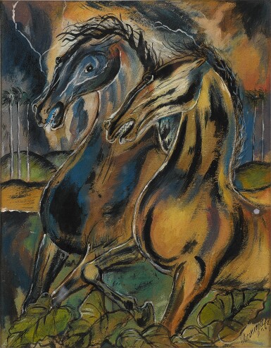 View full screen - View 1 of Lot 214. Caballos en un paisaje con relámpagos.