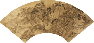 View full screen - View 1 of Lot 199. Sheng Maoye (active 1607-1637), Floating Wine Cups on a Winding Stream, ink on gold paper, fan leaf mounted as hanging scroll.