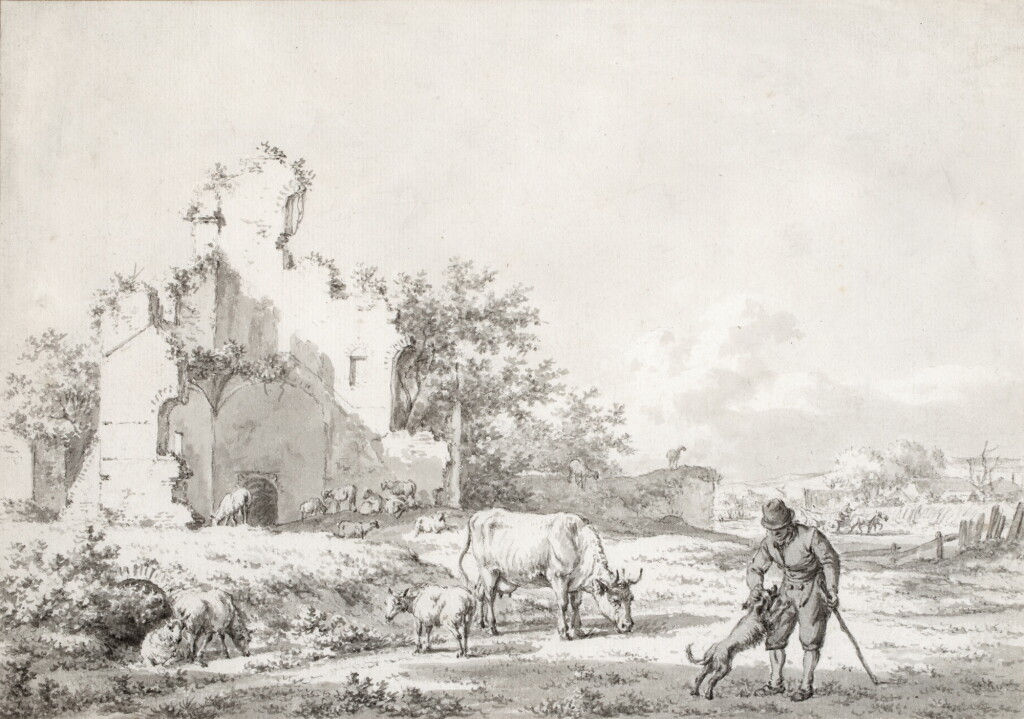View full screen - View 1 of Lot 161. A Herdsman and Dog with Cows and Sheep, beside Ruins.