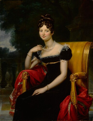 View full screen - View 1 of Lot 51. Portrait of a woman, three-quarter length, in an elegant black velvet dress with lace trim, seated in an Empire chair on a red embroidered shawl on a terrace.