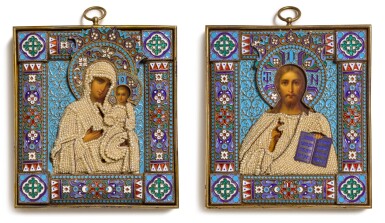 View full screen - View 1 of Lot 205. A pair of silver-gilt and cloisonné marriage Icons, Ovchinnikov, 1899-1908.