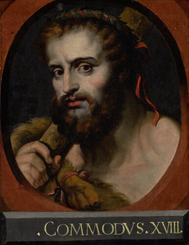 View full screen - View 1 of Lot 188. CIRCLE OF SIR PETER PAUL RUBENS | EMPEROR COMMODUS AS HERCULES, BUST-LENGTH, WEARING A LAUREL CROWN AND LION SKIN, HOLDING A CLUB, IN A PAINTED OVAL.