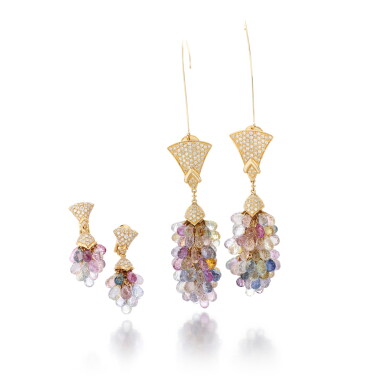 View full screen - View 1 of Lot 164. TWO PAIRS OF GEM-SET EARRINGS (DUE PAIA DI ORECCHINI CON GEMME DI COLORE).