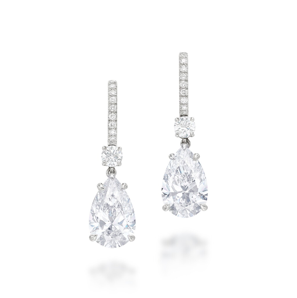 View full screen - View 1 of Lot 1838. Pair of Diamond Pendent Earrings | 3.40及3.40克拉 梨形 D色 完美無瑕 及 內部無瑕 鑽石 耳墜一對.