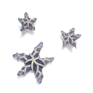 View full screen - View 1 of Lot 259. Chalcedony and Diamond Brooch and Pair of Earclips, France.