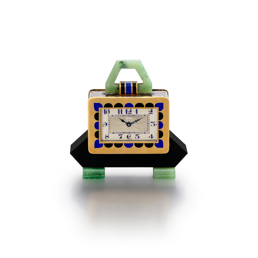 View full screen - View 1 of Lot 132. Jade, onyx and enamel carriage clock .