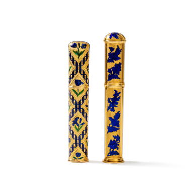 View full screen - View 1 of Lot 120. Two gold and blue enamel etuis a cire, Paris, late 18th century.