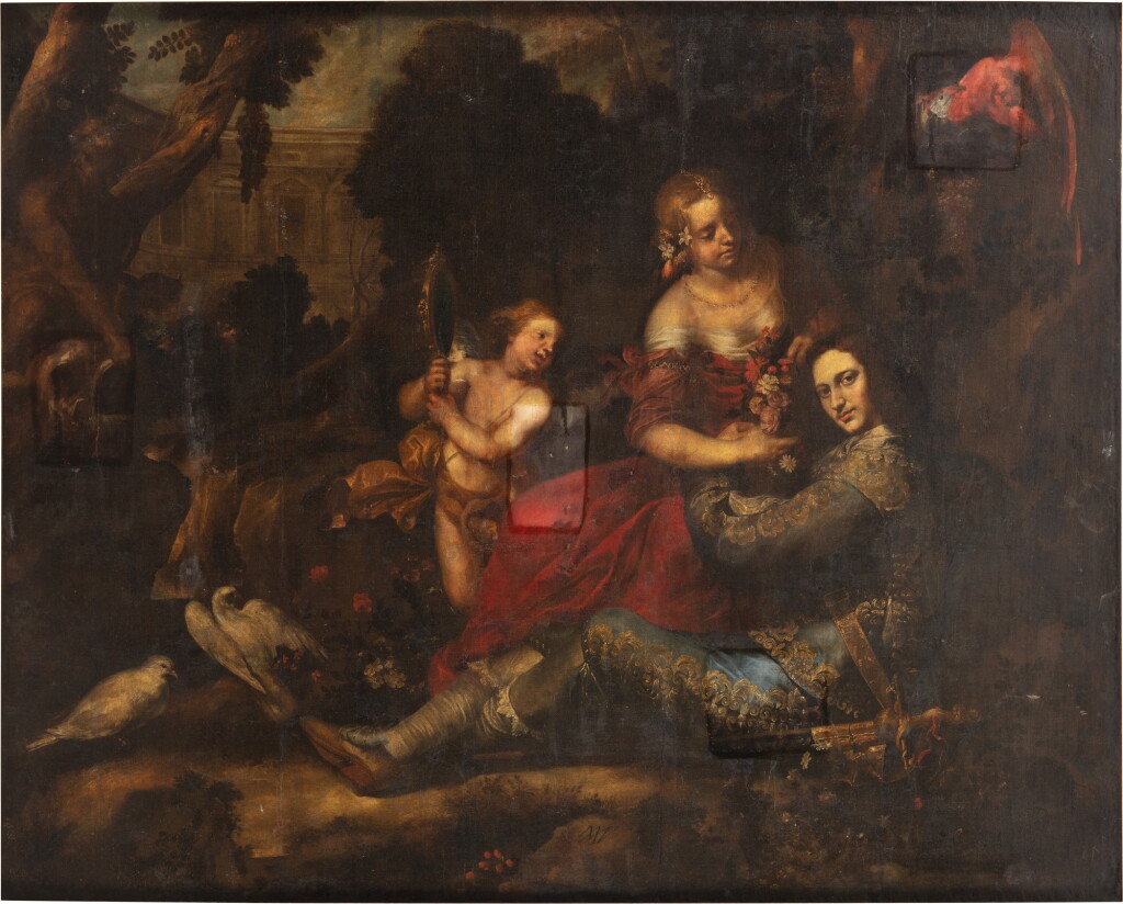 View full screen - View 1 of Lot 56. Portrait of Marcantonio Grillo (1622-1679) as Rinaldo in the garden of the palace of Armida | Portrait historié de Marcantonio Grillo (1622-1679) en Renaud dans les jardins du palais d'Armide.