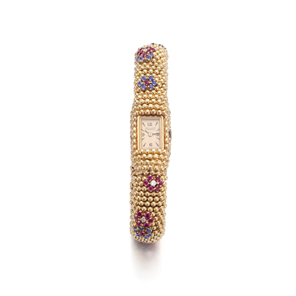 View full screen - View 1 of Lot 505. Lady's sapphire, ruby and diamond wristwatch, 'Bagatelle', circa 1950 | 梵克雅寶藍寶石、紅寶石及鑽石女裝腕錶,年份約1950.